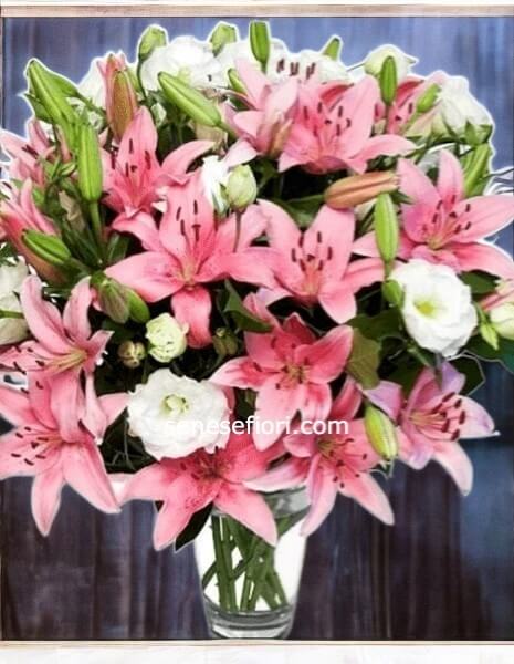 Bouquet lilium rosa e rose bianche