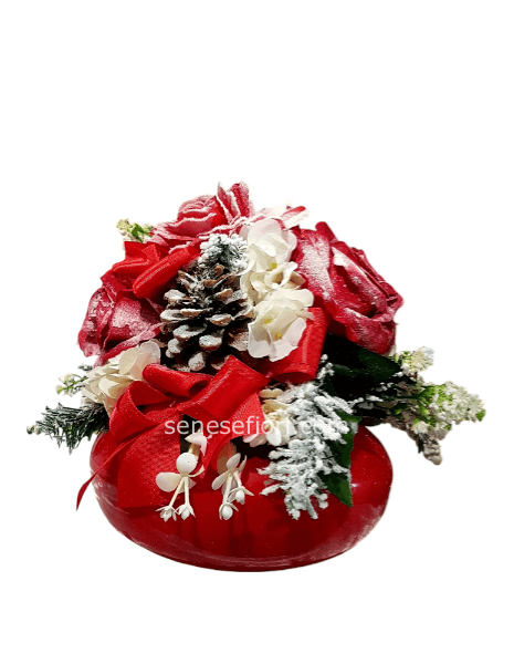 COMPOSIZIONE Natalizia BASE VETRO ROSSO TONI ROSSO E BIANCO