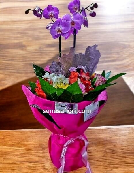 Combo Compleanno: Pianta di Orchidea + Bouquet di Fiori Misti a Napoli