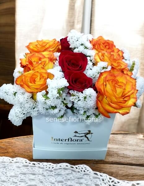 Flower box 9 rose rosse e arancioni